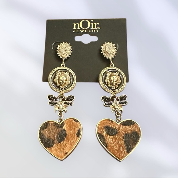 Noir Jewelry Leopard Heart Statement Earrings – Gold & Crystal Drop Earrings - Picture 5 of 5